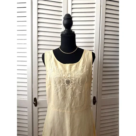 Vintage 90s Yellow Sleeveless A Line Jennifer Eden Dress Daisy Embroidery Sz10 - Picture 2 of 8